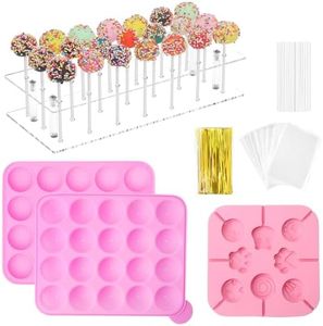 323 PCS Cake Pop Maker Kit, Cake Pop Baking Mold with 1 Acrylic Lollipop Holder,1 Silicone Mold Set,100 Pcs Clear Bags,120 Pcs Treat Sticks,100 Pcs Gold Bow Ties (There is a Lollipop Stand)