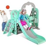 Arlopu Swing Slide for Kids, 5 in 1 Slide Climber for Toddler, with Ball & Hoop, Storage Space, Suction Cup Reinforced Base, Indoor Outdoor Playground, Gift for Boys and Girls (Light Green)