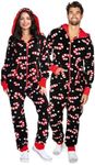 Tipsy Elves Christmas Onesies for Adults - Comfy Unisex Matching Holiday Jumpsuits with Convenient Pockets - Black Candy Cane Lane Christmas Jumpsuit Size X-Large