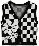 Verdusa Women's Checkered Cardigan Plaid Knit Sweater Vest Button Up V Neck Sleeveless Tops Black and White Medium