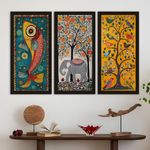 PAPER PLANE DESIGN Madhubani paintings for living room. Set of 3 canvas wrapped framed madhubani art for wall decor. 12 x 24 inch x 3 frames. (B)