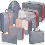 Paton Travel Australia Packing Cubes Organisers, 8 Piece Grey with Orange Zippers. Water Resistant, Toiletry, Accessories and Shoe Bags included