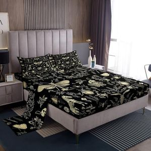 Feelyou Halloween 4 Pieces Sheet with 16 Inch Deep Pockets for Girls Boys Kids King Size Boho Moth Gothic Skull Bedding Room Decor Bat Skeleton Horror Theme Bed Sheets Set Coal Black Bed Cover
