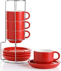 Sweejar Porcelain Espresso Cups with Saucers, 4 Ounce Stackable Cappuccino Cups with Metal Stand for Coffee Drinks, Latte, Tea - Set of 4 (Red)