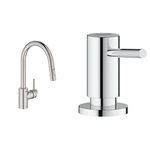 GROHE 32665DC3 Concetto Single-Handle Kitchen Sink Faucet with Pull-Down Sprayer, Brass, Brushed Nickel (1.75 GPM) & 40535000 Cosmopolitan Soap Dispenser