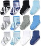 CozyWay Non-Slip Crew Grip Toddler Socks, 12 Pack for Boys, Black/Blue/Light Blue/Gray & Stripe, 3-5 Years Old