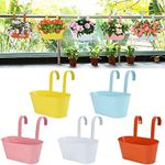 Glory Island 5 Pcs Hanging Flower Pot, Metal Iron Bucket Planter Box with Detachable Hooks, Outdoor Flowers Holder for Railing Fence Balcony Garden Yard, Yellow,orange,blue,white,pink, 11 inches