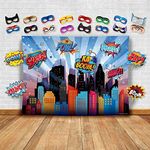 Wonder Woman and other Superheroes Cityscape Photography Backdrop, Studio Props & Mask. Great as Super Hero City Photo Booth Background – Girl Birthday Party & Event Decorations