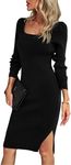 Holcuva Women's 2024 Sweater Dress Long Sleeve Side Slit Bodycon Rib Knit Midi Long Dresses Fall Spring Winter Black S