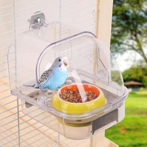 Bird Feeder with Ceramic Bowl No Mess Bird Cage Pet Feeder Bird Bath Seed Food Container for Parakeet Canary Cockatiel Parrot Finch Canary (Yellow Bowl and Transparent Feeder)