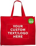 DISCOUNT PROMOS Custom Reusable Shopping Tote Bags - 50 Pack - Personalized Logo, Text - Canvas Cloth Grocery Shopping Bags - Red