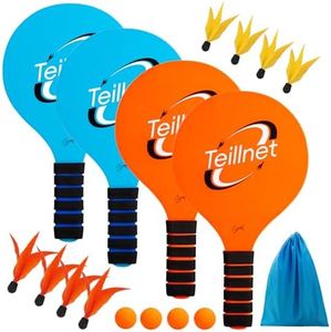 Teillnet Badminton Set - Paddle Ball Set for Kids, Teens & Adults - Family Games for Indoor Outdoor Beach Yard Play - 4 Wood Rackets, 4 Balls & 8 Birdies - Perfect Birthday Toys Gift