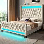 Rolanstar King Bed Frame with LED Light and Charging Station, Upholstered High Headboard and Footboard, Wood Slats, Noise Free, Easy Assembly, White