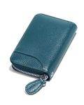 Womens Credit Card Holder Wallet Zip Leather Card Case RFID Blocking Ladies Small Blocked Accordion Wallets with Stainless Steel Zipper Woman Compact Accordian ID Cards Bag Sea Blue