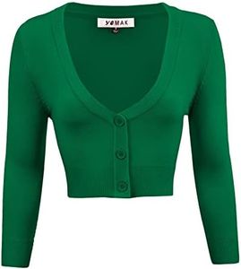 Women's Cropped Bolero Cardigan – 3/4 Sleeve V-Neck Basic Classic Casual Button Down Knit Soft Sweater Top (S-3XL) Kelly Green