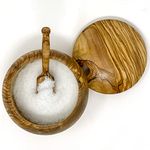 Ezo.Home Handmade Olive Wood Salt Cellar with Spoon and Lid - Elegant Salt Keeper 10cm with 100ml Capacity, Natural Design