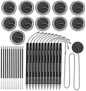 Nadex Ball and Chain Security Pen Set | 12 Pens, 12 Adhesive Mounts, and 12 Refills (Black)