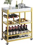 aboxoo Bar Cart 3 Tiers Removable Storage Tray with Wine Rack & Basket Tier,Rolling Beverage Cart,Mobile Bar Serving Cart with Handle, White Marble Wood and Gold Frame Home Kitchen Shelf for Party