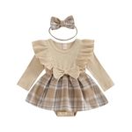 Vioyavo Infant Baby Girls 2Pcs Dress Outfits Ruffle Long Sleeve Plaid Print Skirt Romper with Headband Set Cute Fall Short Skirt Set (Apricot, 6-9 Months)