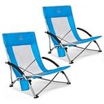 TIMBER RIDGE Low Beach Chair Set of 2, Folding Lightweight Camping Chair with Mesh Back Carry Bag Cup Holder Armrest, Foldable Chair for Garden Outdoor Camping BBQ Travel Picnic