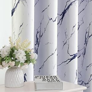 Smarcute 100% Blackout Curtains Marble Designs Printed Drapes Thermal Curtains for Bedroom with Black Liner Sound Proof Curtains 2 Panels Set，Each W132cm x D213cm, Dark Blue