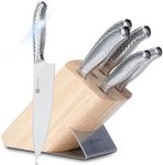 Kitchen Knife Set, Hanmaster One-Piece Stainless Steel Knife Sets for Kitchen with Block, 6 Pieces Solid Natural Wood Knife Block Set, Gift Box Packed, Silver.