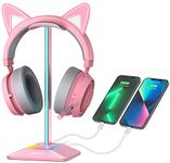 Headphone Stand New Bee RGB Gaming Headset Stand Headphones Holder with USB Data Transmission &USB-C Charging Port Earphone Stand for PC Desktop Table Game Earphone Accessories(Pink)