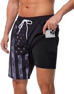 difficort Mens Swim Trunks Quick Dry Bathing Suit 9 inch Inseam Board Shorts with Compression Liner and Zipper Pocket,National Flag,2X-Large