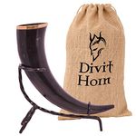 Divit Genuine Viking Drinking Horn with Iron Stand | Authentic Medieval Beer Drinking Horn | Brass Adornments & Burlap Gift Sack Included | 16 oz (450-500 ml) Capacity | The Original.