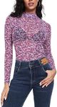 BemorRun Women Mesh Top Floral Mesh Long Sleeve Tops Mock Neck See Through Tops Fitted Sexy Going Out Tops(Purple,L)