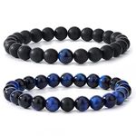 MengPa Mens Beaded Bracelets Couples Matching Bracelet Set Matte Lava Rock Beads for Women Fashioon Jewelry (Tiger Eye-Blue-Matte)