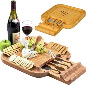 Picnic at Ascot - Personalized Engraved Bamboo Board for Cheese & Appetizers - Integrated Drawer with 4 Piece Knife Set - USA Designed & Quality Checked Laser Engraved Single Letter in Center Letter - W