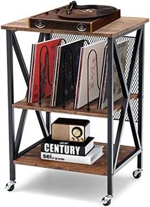 Giantex 3-Tier End Table, Rolling Turntable Stand, Rustic Vinyl Record Storage Holder w/ 3 Dividers for Albums, Record Player Stand Display Shelf w/Steel Frame & Lockable Wheels