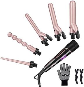 (Rose Gold 5 in 1 Curling Wand Set) - 5 in 1 Curling Wand, Professional Hair Curling Iron Set with 5 Interchangeable Ceramic Barrels and Heat Protective Glove (Rose Gold 5 in 1 Curling Wand Set)