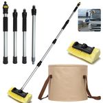 NUNET Car/Truck/RV Wash Brush w. Foldable Bucket Adjustable 60“ Long Handle Hose Attachment On/Off Switch Flow-Thru Soft Bristle Head Cleaning Kit, 2024 Upgraded w. Reinforced Connectors
