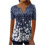 AMhomely Women Shirts Blouse Elegant Vinatge Button Blouse Floral Print Tunic Tops Short Sleeve V Neck Teen Lightweight Breathable Sportawear Activewear Undershirts, Blue 6