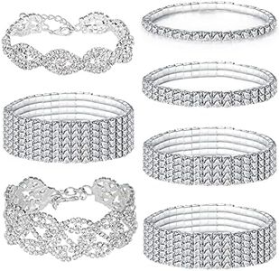 Jewdreamer 7PCS Rhinestone Bracelets for Women Cubic Zirconia Tennis Stretch Bracelet Bangle Bling Bikini Crystal Bracelet Sliver Sparkly Bridal Wedding Jewelry Bracelet Set, Metal, Cubic Zirconia