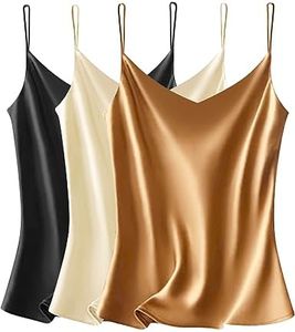 VIDUSSA Womens Satin Cami Top 3 Pack V Neck Camisole Spaghetti Strap Tank Top Loose Sleeveless Blouses, 3 Pack: Black+Champagne+Khaki, Medium