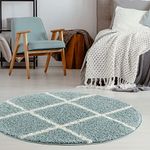 THE RUGS Shaggy Rug – Modern Moroccan Design Rugs for Living Room, Bedroom, Hallway, 3 cm Thick Area Rugs, (Diamond Duck egg blue/Ivory, 120cm Round)