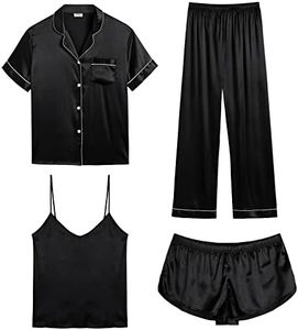 SWOMOG Womens 4pcs Pajamas Sets Silk Satin Sleepwear Sexy Cami with Button Down Short Sleeve Shirt Pjs Loungewear Black Large