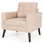 KOTEK Accent Chair, Button Tufted Living Room Chair w/Rubber Wood Legs, Side Pockets, Mid Century Modern Single Sofa Club Chair, Linen Fabric Upholstered Armchair (Beige)