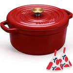 Overmont 5.5QT Cast Iron Dutch Oven - Dual Widened Handles -Enameled Pot with Cookbook - Heavy-Duty Enamel Cookware with Cotton Potholders for Braising Stews Roasting Bread Baking