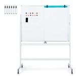 COSTWAY Double Sided Magnetic Whiteboard, Mobile Reversible Dry Erase Board with Black Markers, Eraser, Magnets & Marker Tray, Height Adjustable Standing White Board (120 x 90cm, White)