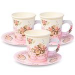 Royal Magnolia Tea Party Decorations - 24 Paper Tea Cups and Plates, Disposable Paper Teacups and Saucer Sets for Hot and Cold Drinks for Birthday, Baby Shower, Wedding, Princess Theme Girls Parties