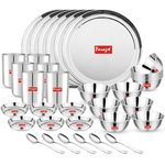 Parage 36 Pieces Heavy Gauge Sanskriti Dinner Set/Premium Dinnerware for Home/Steel Bartan Set for Kitchen (6 Full Plate, 12 Bowl, 6 Dish Bowl, 6 Glass, 6 Spoon, Silver, Serves 6)