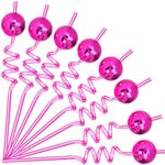 12-Piece Disco Ball Reusable Swirly Straw Set - Vibrant Party Supplies with Groovy Design, Perfect for Birthday Bachelorette Decorations and Favors (Pink)