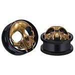 COOEAR 1 Pair of Stainless Steel Ear Tunnels and Plugs, Black Ancient Golden Skull Ear Gauges.