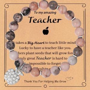 Teacher Appreciation Gifts, Inspirational Bracelets for Women Men Natural Stone Healing Bead Bracelet Apple Charm Thank You Gifts for Teacher Retirement Graduation Birthday, Light Pink Stone,