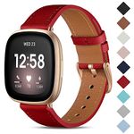 CeMiKa Leather Strap Compatible with Fitbit Sense/Fitbit Versa 3 Strap, Genuine Leather Straps Replacement Wristband Compatible with Fitbit Versa 3/Fitbit Sense Strap for Women Men, Red