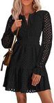 PRETTYGARDEN Women's 2024 Long Sleeve Mini Dress Eyelet V Neck A Line Casual Elegant Holiday Wedding Guest Party Dresses (Black,Medium)